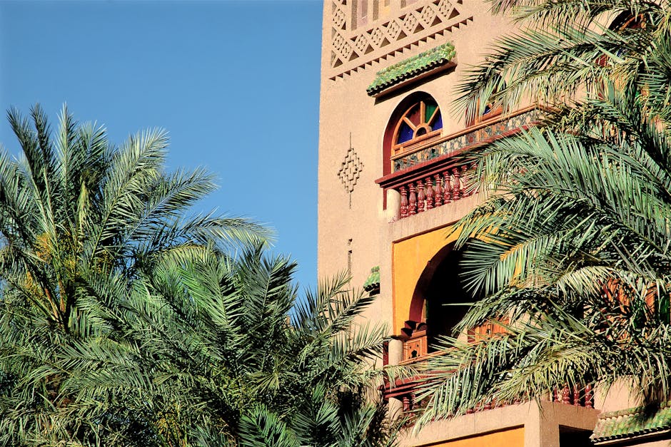 4 Days desert Tour from Marrakech, Elegant Moroccan architecture with palm trees under a clear blue sky in Zagora, Morocco.